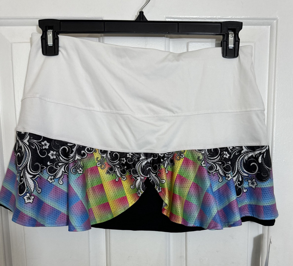 Lucky In Love Pickleball Tennis Ruffled White/ Rainbow Skort Skirt w Shorts L